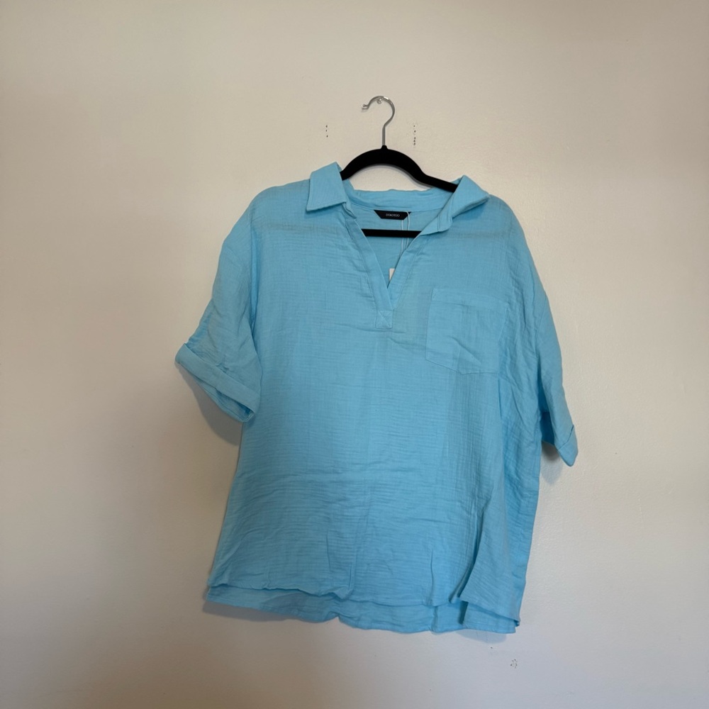 Dokotoo | 100% Cotton Light Blue Short Sleeve Women's Top